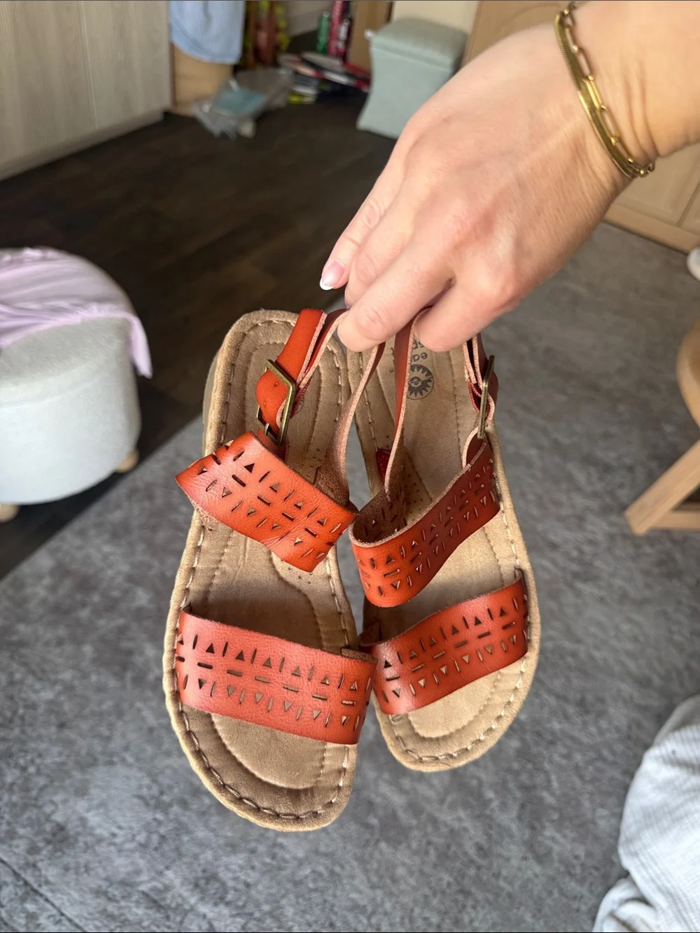 Easy Spirit Orange Brown Laser-Cut Wedge Sandals